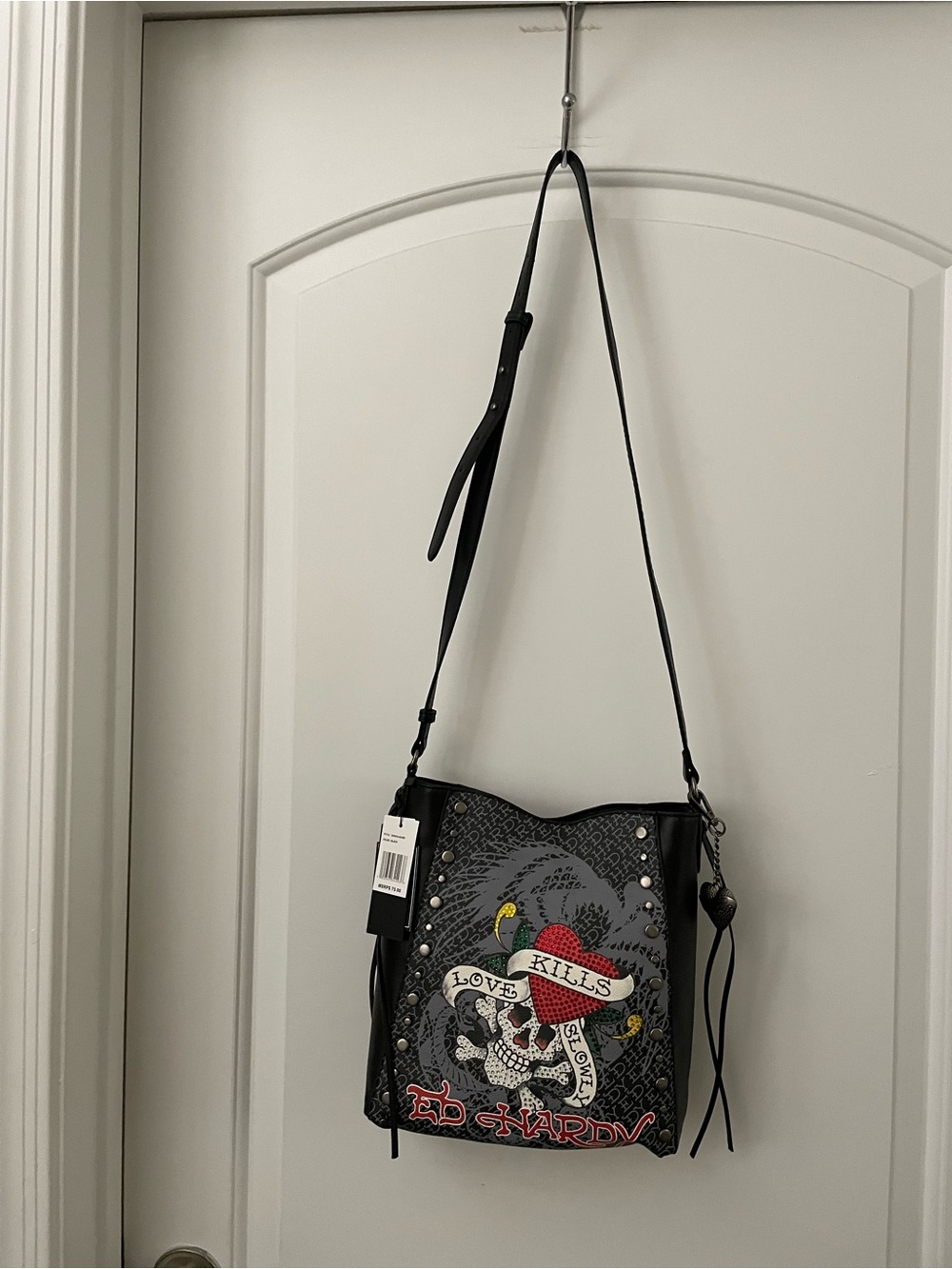 Ed Hardy Black Shoulder/Crossbody Bag Love Kills Slowly with Red Heart Graphic